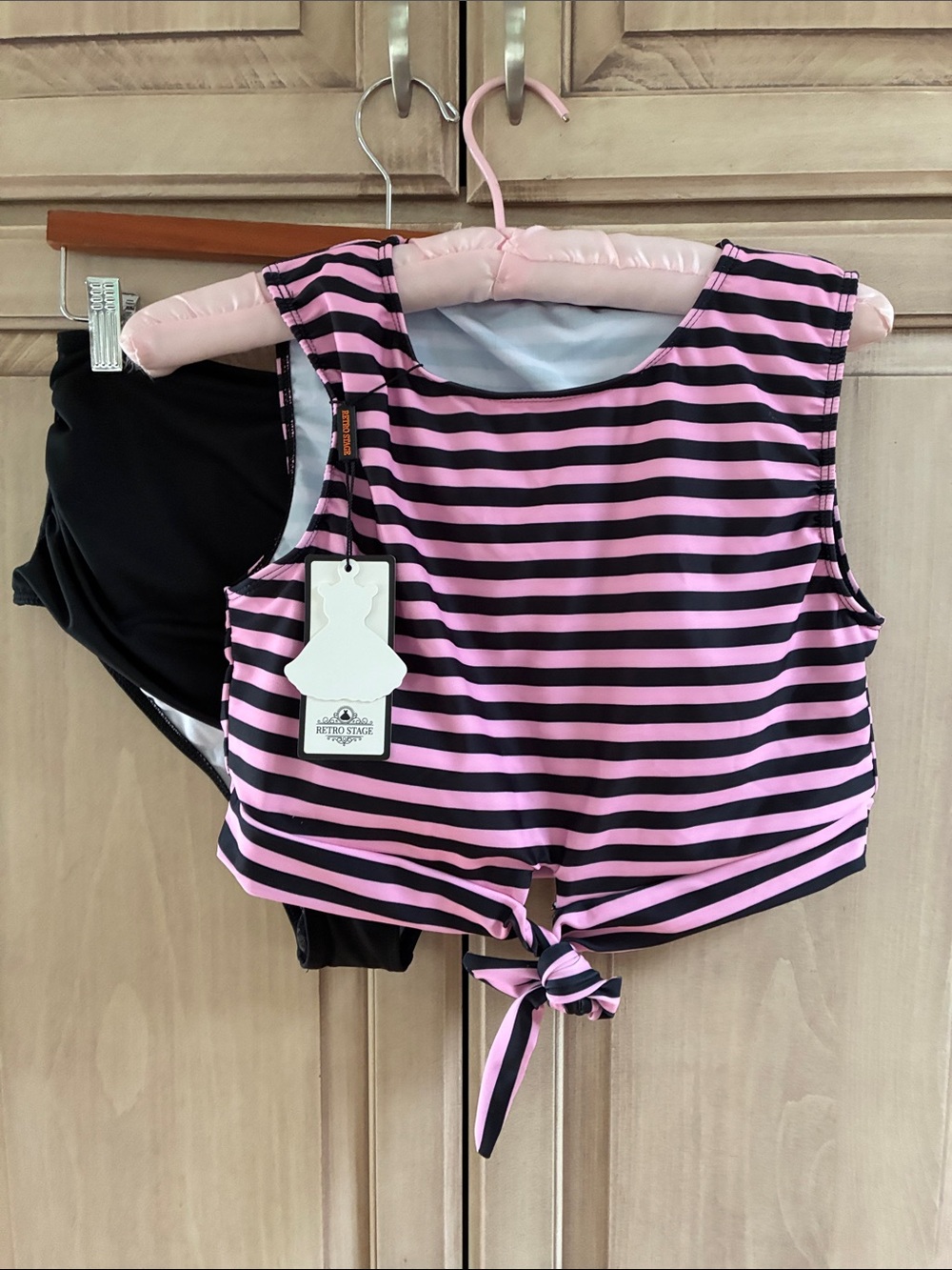 Retro Stage Striped Pink & Black Tie-Front Bikini Top with Black Bottoms